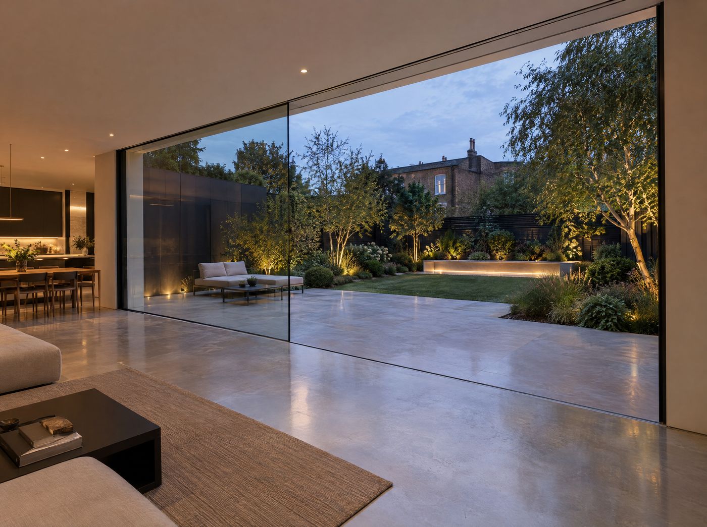 Very large frameless-looking sliding glass panes opening to a courtyard garden