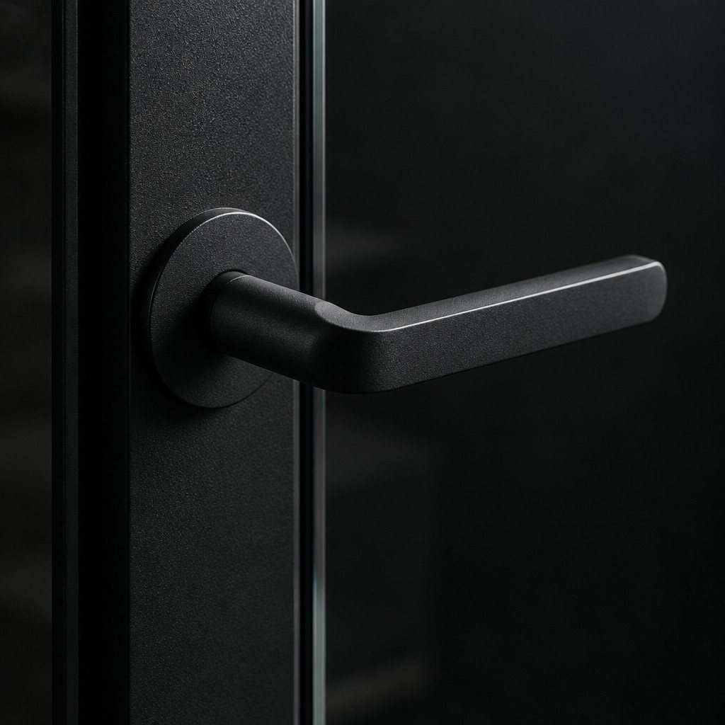 Lever handle on a black steel door