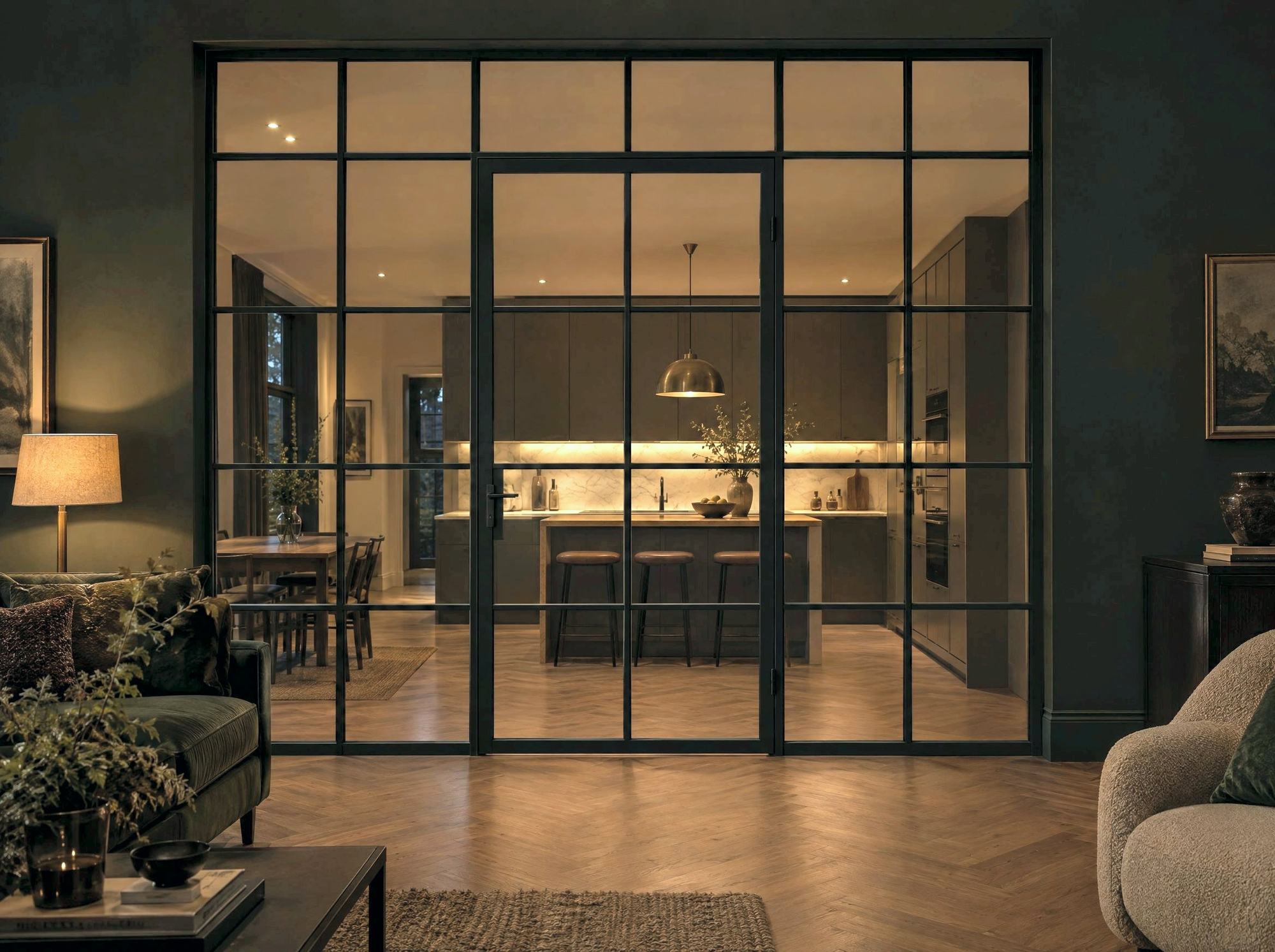 Black steel glazed screen and door between a living room and a kitchen in the evening