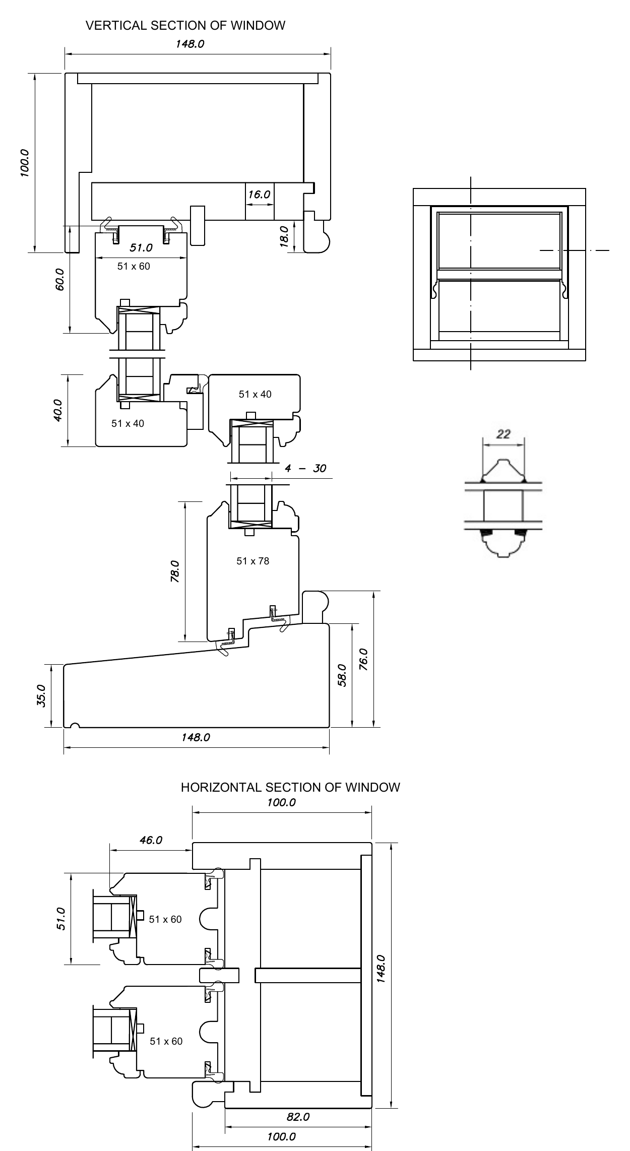 Box sash window on weights, vertical and horizontal sections with dimensions in millimetres