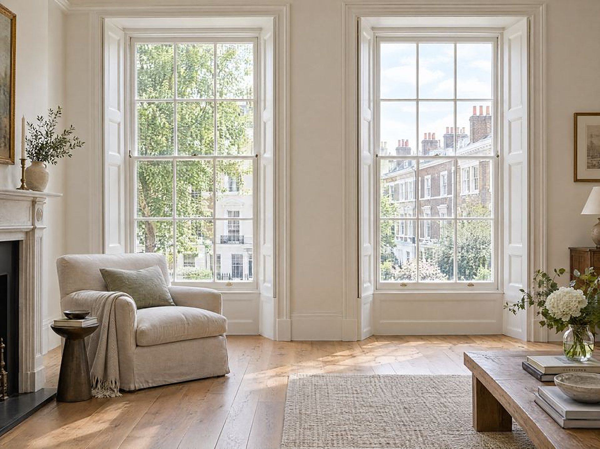Sitting room with two tall painted box sash windows and folding shutters